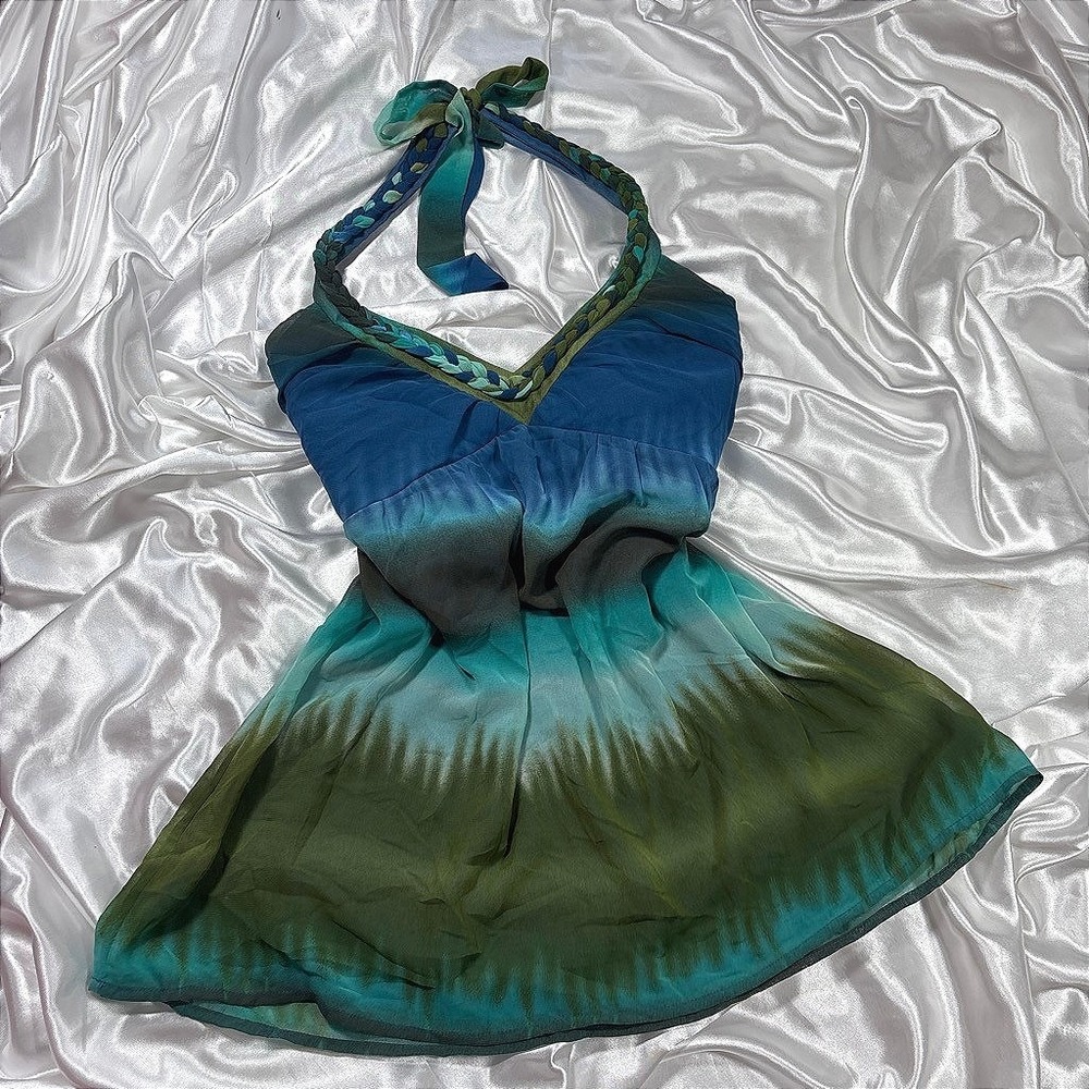 y2k Studio Y Halter Top Blue Green Braided Neck Tie Dye Chiffon XL